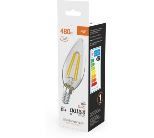Светодиодная филаментная лампа Gauss Basic Filament E14 4W 3000K свеча 50312142