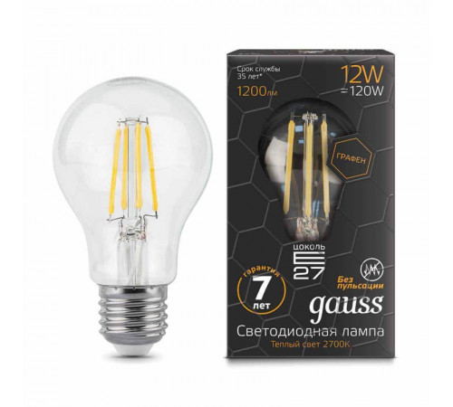 Лампа светодиодная филаментная Gauss E27 12W 2700К прозрачная 102802112