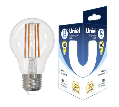 Лампа светодиодная филаментная Uniel UL-00006846 E27 12W 4000K груша прозрачная LED-A60-12W/4000K/E27/CL GLA03TR