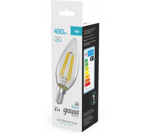 Светодиодная филаментная лампа Gauss Basic Filament E14 4W 4000K свеча 50312242