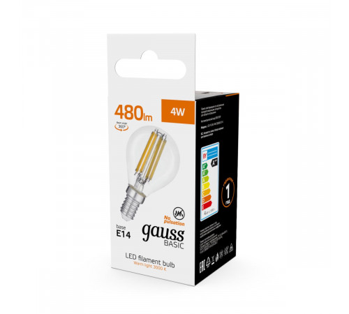 Светодиодная филаментная лампа Gauss Basic Filament E14 4W 3000K шар 50512142