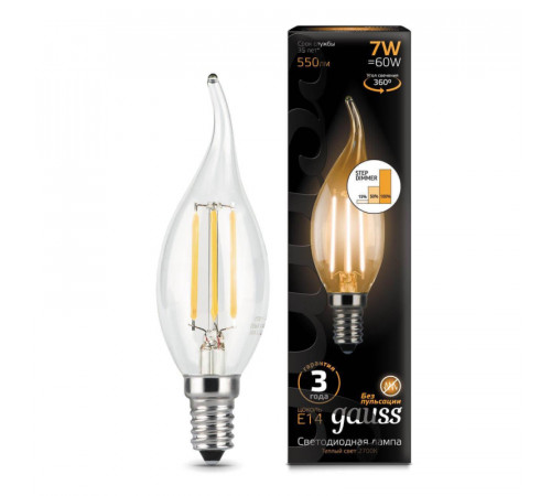 Лампа светодиодная филаментная диммируемая Gauss E14 7W 2700K прозрачная 104801107-S