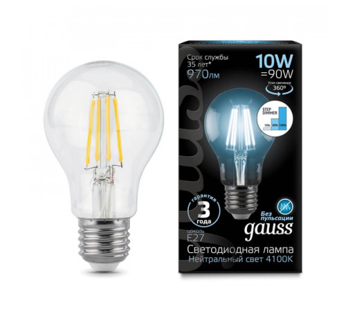 Лампа светодиодная филаментная диммируемая Gauss E27 10W 4100K прозрачная 102802210-S