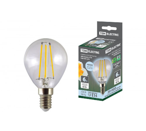 Лампа светодиодная филаментная TDM Electric Е14 6W 4000K прозрачная SQ0340-0278