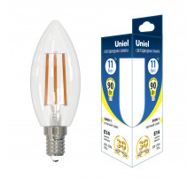 Лампа светодиодная филаментная Uniel E14 11W 3000K свеча прозрачная LED-C35-11W/3000K/E14/CL GLA03TR UL-00006847