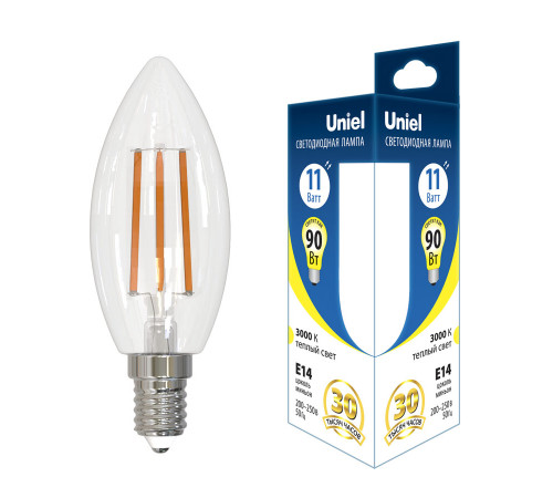 Лампа светодиодная филаментная Uniel E14 11W 3000K свеча прозрачная LED-C35-11W/3000K/E14/CL GLA03TR UL-00006847 Лампа светодиодная филаментная Uniel E14 11W 3000K свеча прозрачная LED-C35-11W/3000K/E14/CL GLA03TR UL-00006847
