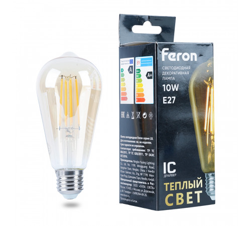 Лампа светодиодная филаментная Feron LB-64 колба прозрачная E27 10W 230V 2700K 52165