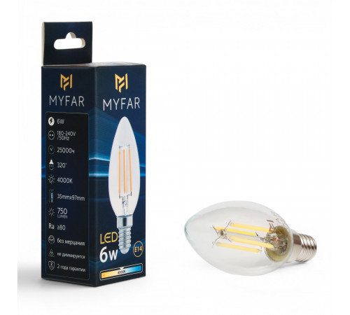 Лампа светодиодная филаментная Myfar Базис E14 свеча прозрачная MB1002E14-6W4K