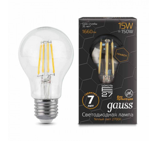 Лампа светодиодная филаментная Gauss E27 15W 2700К прозрачная 102802115