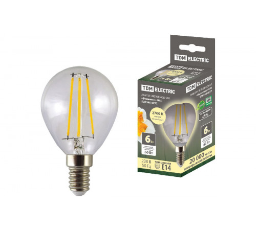 Лампа светодиодная филаментная TDM Electric Е14 6W 2700K прозрачная SQ0340-0277