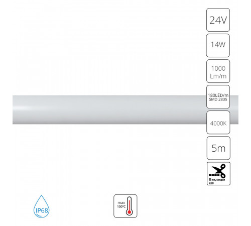 Гибкий влагозащищенный неон Arte Lamp Neon Termo 24V 14W/m 4000K 5m IP68 A2418013-02-4K