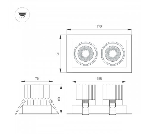 Встраиваемый светильник Arlight MS-VORTEX-BUILT-S170x90-2x12W Day4000 (WH-WH, 40 deg, 230V) 057771