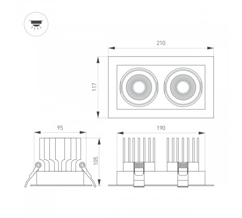 Встраиваемый карданный светильник Arlight MS-VORTEX-BUILT-S210x117-2x20W Day4000 (BK-BK, 40 deg, 230V) (IP20 Металл) 058441
