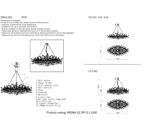 Подвесная люстра Crystal Lux REINA V2 SP12 L1500 GOLD PEARL