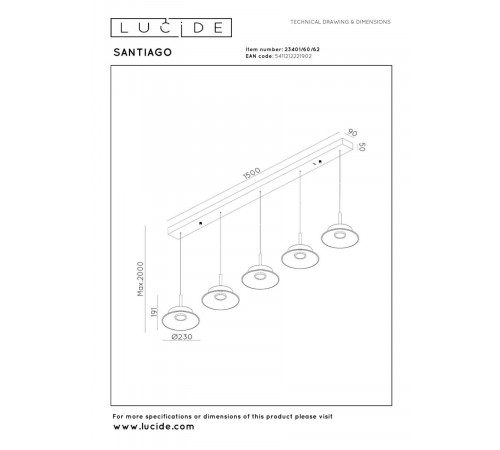 Подвесной светильник Lucide Santiago 23401/60/62