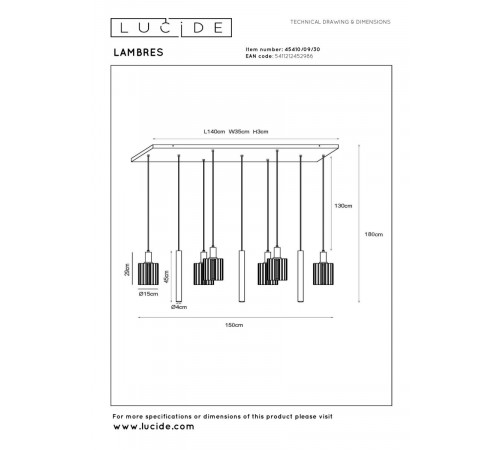 Подвесной светильник Lucide Lambres 45410/09/30
