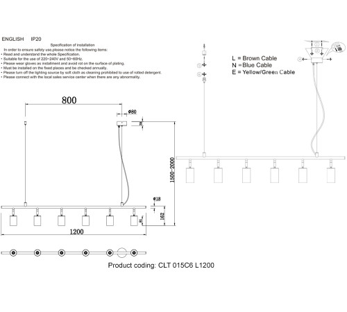 Подвесной светильник Crystal Lux RIVO SP6 L1200 BL