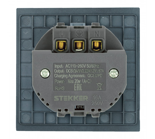 Розетка 1-местная з/ш с/з 16А + USB + Type C (механизм) Stekker Мия 250В 20W RST16-3119-05 черный бархат 50452