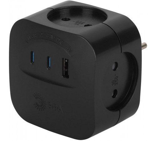 Разветвитель электрический ЭРА SP-4-3USBAC-B на 4 розетки + 3 USB A+C со шторками 10А черный Б0069084