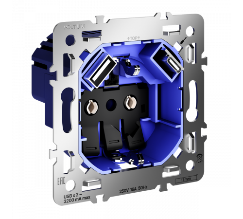 Механизм розетки с заземлением и защитными шторками 16А, с USB A+C Voltum S70 VLS0405M