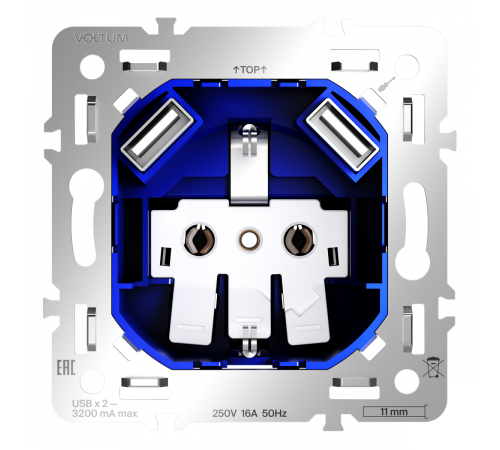 Механизм розетки с заземлением и защитными шторками 16А, с USB A+A Voltum S70 VLS0404M