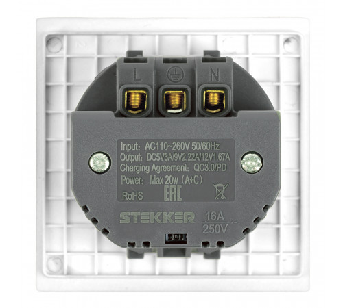 Розетка 1-местная 16А + USB + Type C (механизм) Stekker 250В 20W Мия RST16-3119-01 50438