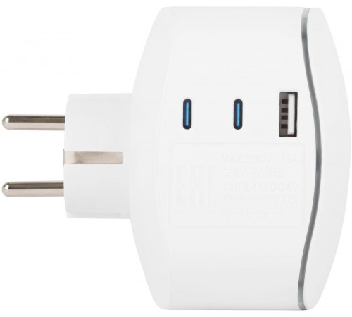 Разветвитель электрический ЭРА SP-3e-3USBAC-W на 3 розетки + 3 USB A+C с заземлением со шторками 16А белый Б0069081