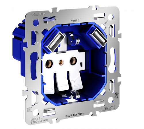 Механизм розетки с заземлением и защитными шторками 16А, с USB A+A Voltum S70 VLS0404M