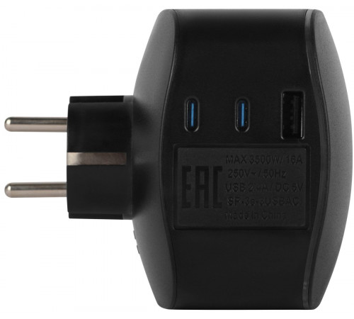Разветвитель электрический ЭРА SP-3e-3USBAC-B на 3 розетки + 3 USB A+C с заземлением со шторками 16А черный Б0069082