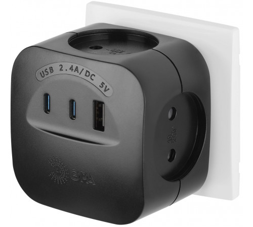 Разветвитель электрический ЭРА SP-4-3USBAC-B на 4 розетки + 3 USB A+C со шторками 10А черный Б0069084