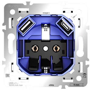 Механизм розетки с заземлением и защитными шторками 16А, с USB A+C Voltum S70 VLS0405M