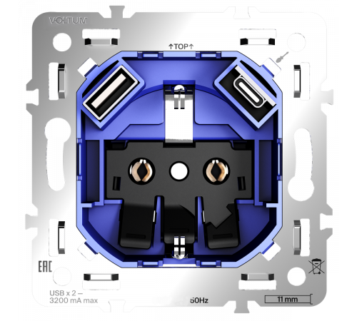 Механизм розетки с заземлением и защитными шторками 16А, с USB A+C Voltum S70 VLS0405M