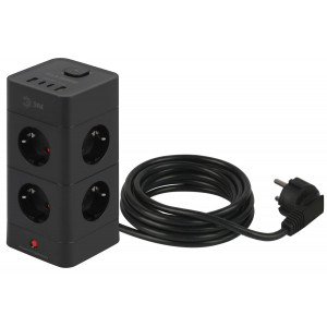 Сетевой фильтр ЭРА TWR-8es-1,5m-4USB-B башня с защитой заземлением с выключателем 8 розеток+4xUSBA+C 1,5м 16А черный Б0069072