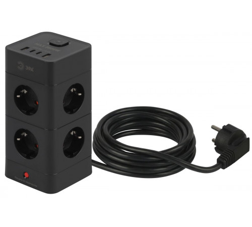 Сетевой фильтр ЭРА TWR-8es-1,5m-4USB-B башня с защитой заземлением с выключателем 8 розеток+4xUSBA+C 1,5м 16А черный Б0069072