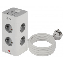 Сетевой фильтр ЭРА TWR-8es-1,5m-4USB-W башня с защитой заземлением с выключателем 8 розеток+4xUSBA+C 1,5м 16А белый Б0069071