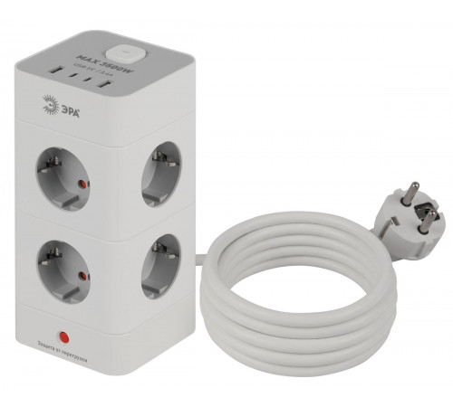Сетевой фильтр ЭРА TWR-8es-1,5m-4USB-W башня с защитой заземлением с выключателем 8 розеток+4xUSBA+C 1,5м 16А белый Б0069071