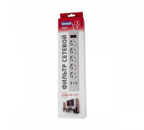 Сетевой фильтр серии Standard. шнур 3м Пвс 3х0.75. 5 гнезд. с-з. 2USB+1TYPE C. 10A. 2500Вт Uniel S-GSR5-3 U2C1 WHITE/GREY UL-00012109 Сетевой фильтр серии Standard. шнур 3м Пвс 3х0.75. 5 гнезд. с-з. 2USB+1TYPE C. 10A. 2500Вт Uniel S-GSR5-3 U2C1 WHITE/GREY UL-00012109