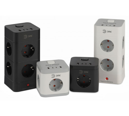Сетевой фильтр ЭРА CUBE-3es-1,5m-4USB-W куб с заземлением с выключателем 3 розетки+4xUSBA+C 1,5м 16А белый Б0069073