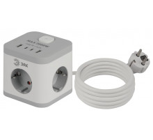 Сетевой фильтр ЭРА CUBE-3es-1,5m-4USB-W куб с заземлением с выключателем 3 розетки+4xUSBA+C 1,5м 16А белый Б0069073