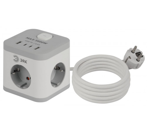 Сетевой фильтр ЭРА CUBE-3es-1,5m-4USB-W куб с заземлением с выключателем 3 розетки+4xUSBA+C 1,5м 16А белый Б0069073