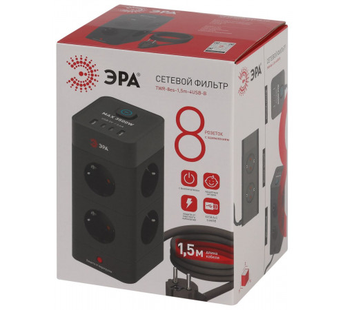 Сетевой фильтр ЭРА TWR-8es-1,5m-4USB-B башня с защитой заземлением с выключателем 8 розеток+4xUSBA+C 1,5м 16А черный Б0069072