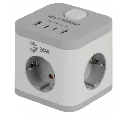 Сетевой фильтр ЭРА CUBE-3es-1,5m-4USB-W куб с заземлением с выключателем 3 розетки+4xUSBA+C 1,5м 16А белый Б0069073