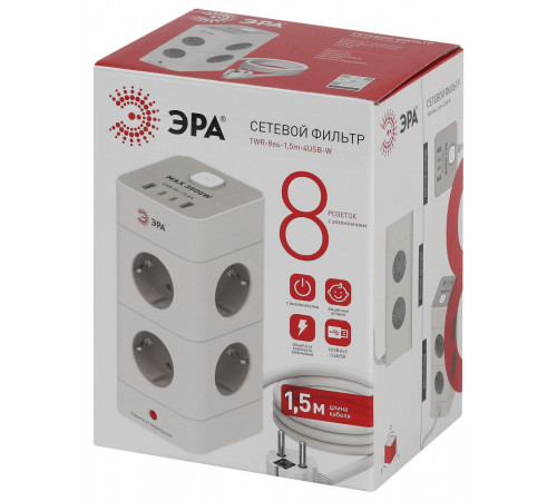 Сетевой фильтр ЭРА TWR-8es-1,5m-4USB-W башня с защитой заземлением с выключателем 8 розеток+4xUSBA+C 1,5м 16А белый Б0069071