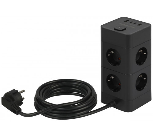 Сетевой фильтр ЭРА TWR-8es-1,5m-4USB-B башня с защитой заземлением с выключателем 8 розеток+4xUSBA+C 1,5м 16А черный Б0069072