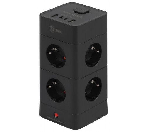 Сетевой фильтр ЭРА TWR-8es-1,5m-4USB-B башня с защитой заземлением с выключателем 8 розеток+4xUSBA+C 1,5м 16А черный Б0069072