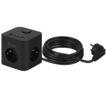 Сетевой фильтр ЭРА CUBE-3es-1,5m-4USB-B куб с заземлением с выключателем 3 розетки+4xUSBA+C 1,5м 16А черный Б0069074