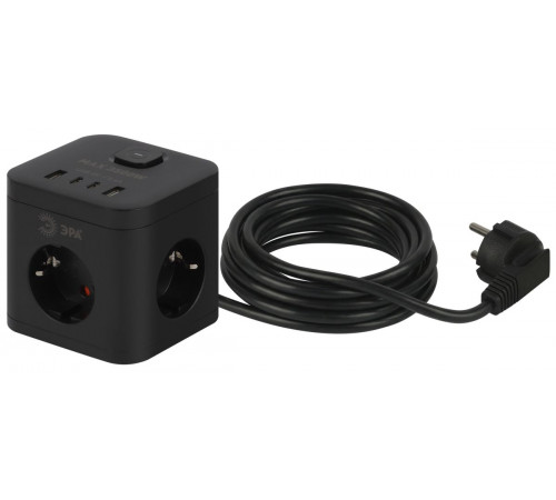 Сетевой фильтр ЭРА CUBE-3es-1,5m-4USB-B куб с заземлением с выключателем 3 розетки+4xUSBA+C 1,5м 16А черный Б0069074