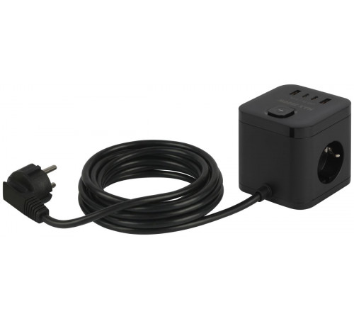 Сетевой фильтр ЭРА CUBE-3es-1,5m-4USB-B куб с заземлением с выключателем 3 розетки+4xUSBA+C 1,5м 16А черный Б0069074