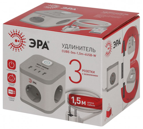 Сетевой фильтр ЭРА CUBE-3es-1,5m-4USB-W куб с заземлением с выключателем 3 розетки+4xUSBA+C 1,5м 16А белый Б0069073