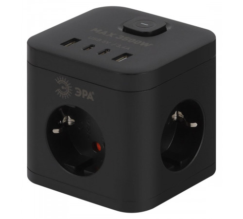 Сетевой фильтр ЭРА CUBE-3es-1,5m-4USB-B куб с заземлением с выключателем 3 розетки+4xUSBA+C 1,5м 16А черный Б0069074